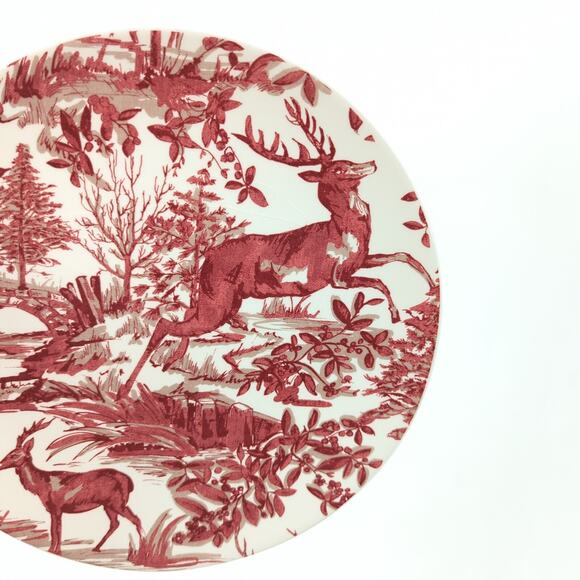 Pottery Barn Alpine Toile Deer Salad Plate White Red Christmas Dish Replacement - Picture 3 of 6